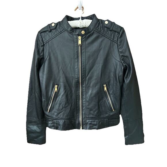 Guess Jackets & Blazers - Guess Women’s Black Leather Moto Quilted Shoulder Gold Zips Biker Jacket Size M